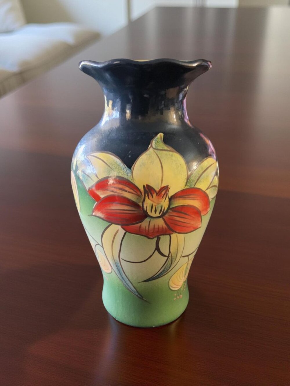Vintage Hand - Painted Orchid Floral Clay Art Nouveau Vase